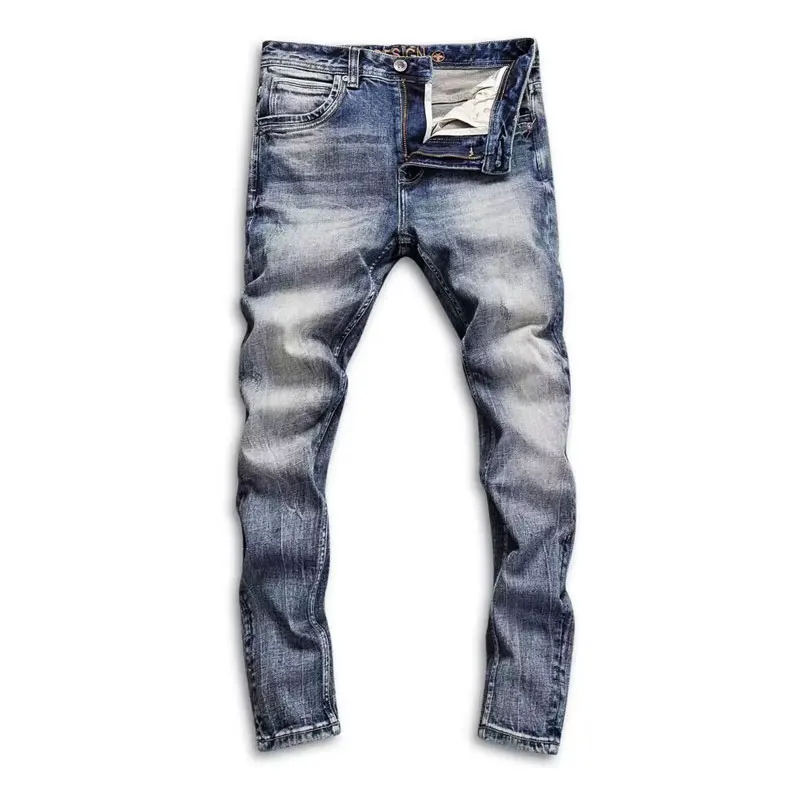 Fashion Vintage Men Jeans Retro Washed Blue High Quality Slim Jeans Men Casual Trousers Embroidery Designer Denim Pants Hombre