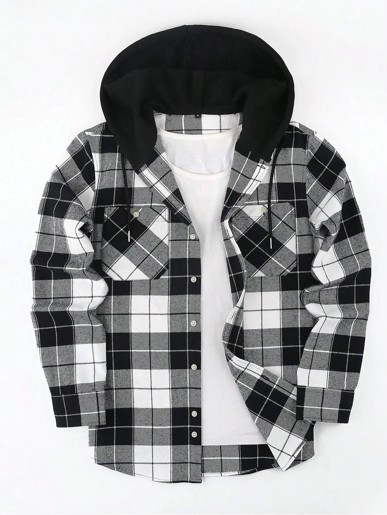 

Men's Black & White Plaid Hooded Button-Up Shirt with Chest Pockets