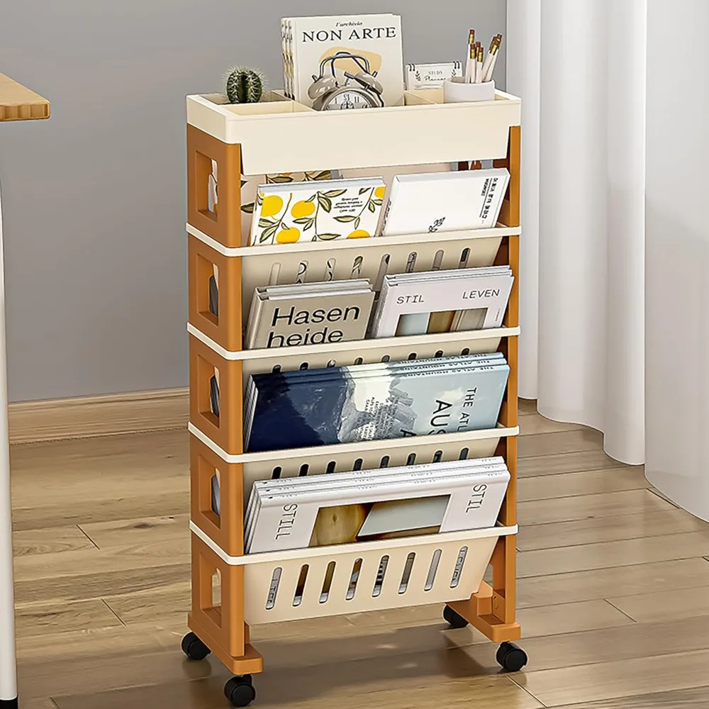 5 Tier Book Rack Storage Bookshelf, Mobile Bookshelf with Wheels, Removable Movable Unique Bookcase, Rolling Book Cart