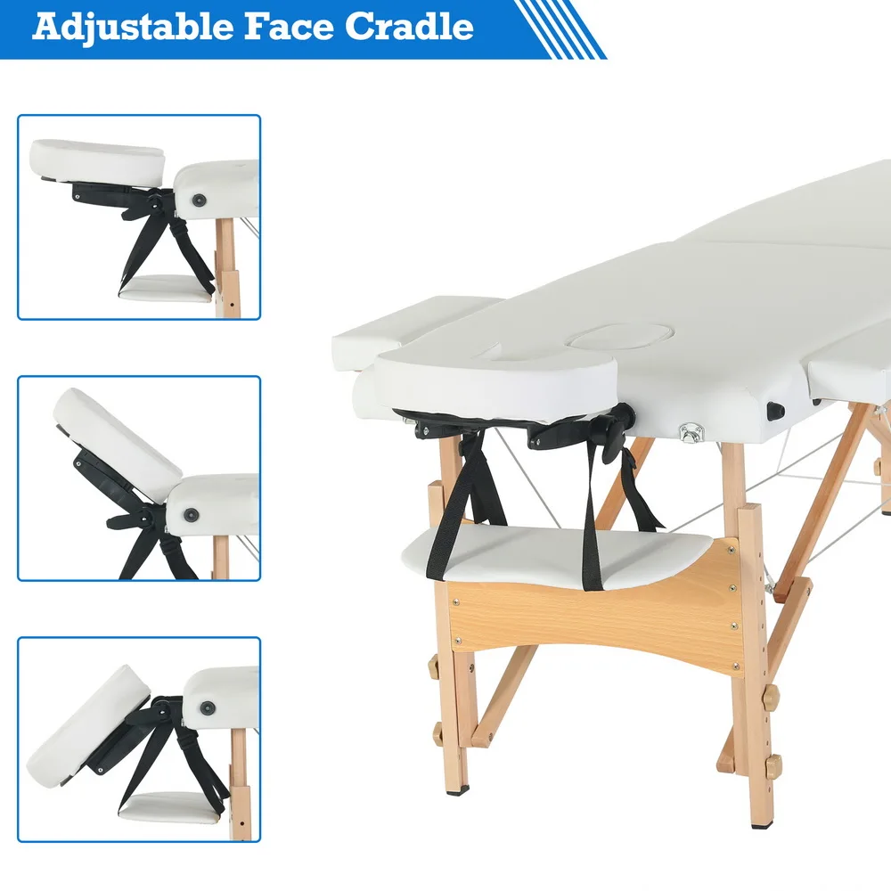 Beauty Massage Table Bed 2 Sections Folding Beech Leg 186x60x60CM Height Adjustable Versatile Portable White[US-Stock]