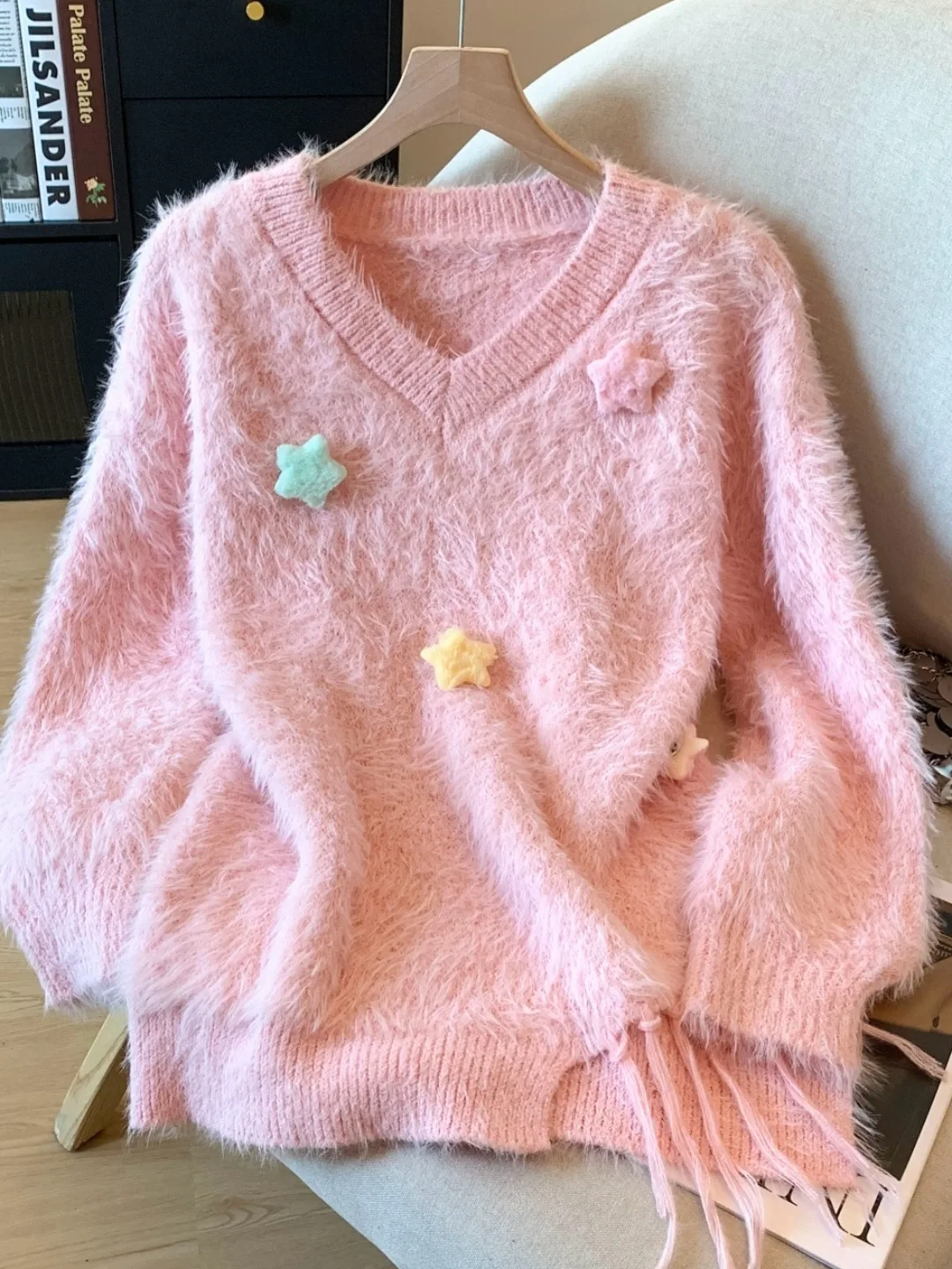 

Pink Faux Mink V-Ne Sweater Women's Autumn Winter Loose Soft Fluffy Knitted irt Commute Korean Sle Straight Tube