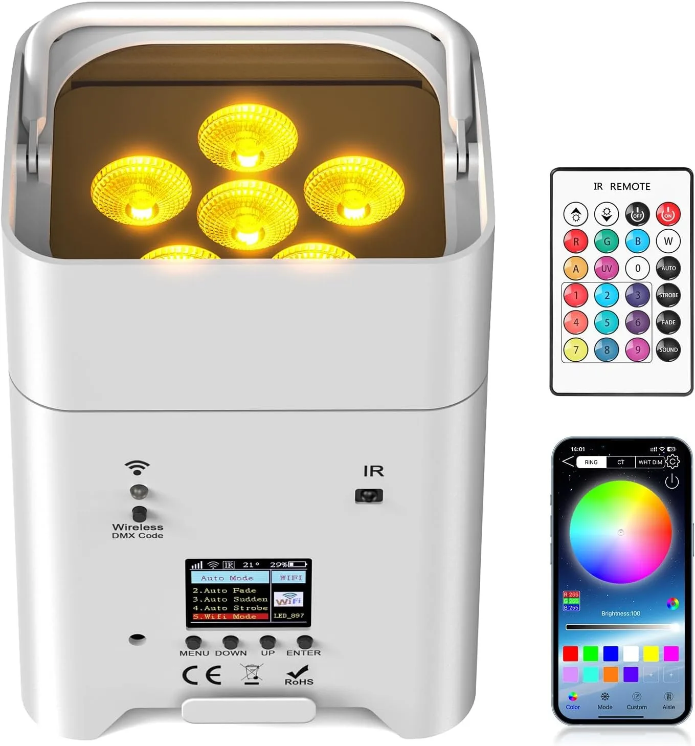 9600mAh Wireless Uplights, 6x18W RGBWA UV Stage Lights, APP/DMX512 Controlled Par Lights, Rechargeable Battery Powered Uplights