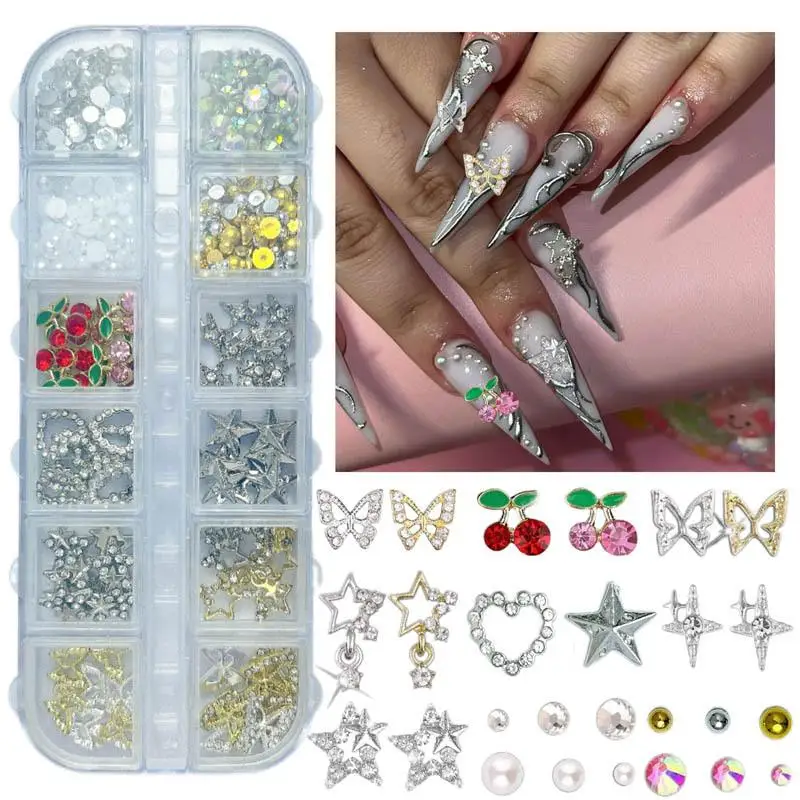 

1 Box Mixed Alloy Pearl Rhinestones Nail Art Charms Supplies Ultra Shiny Hollow Butterfly DIY Materials for Nail Designs