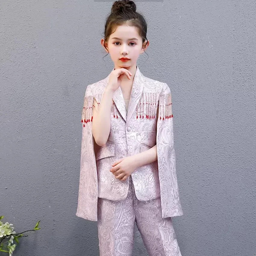 

High End Children's Suits Evening Gown Tassel Bead Design Kids Catwalk Wedding Birthday Baptism Eid Girl Sets Dresses