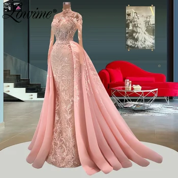 Lowime Pink Lace Applique Formal Long Party Dress Dubai Evening Dresses Customized Arabic Prom Gowns With Detachable Train Robe