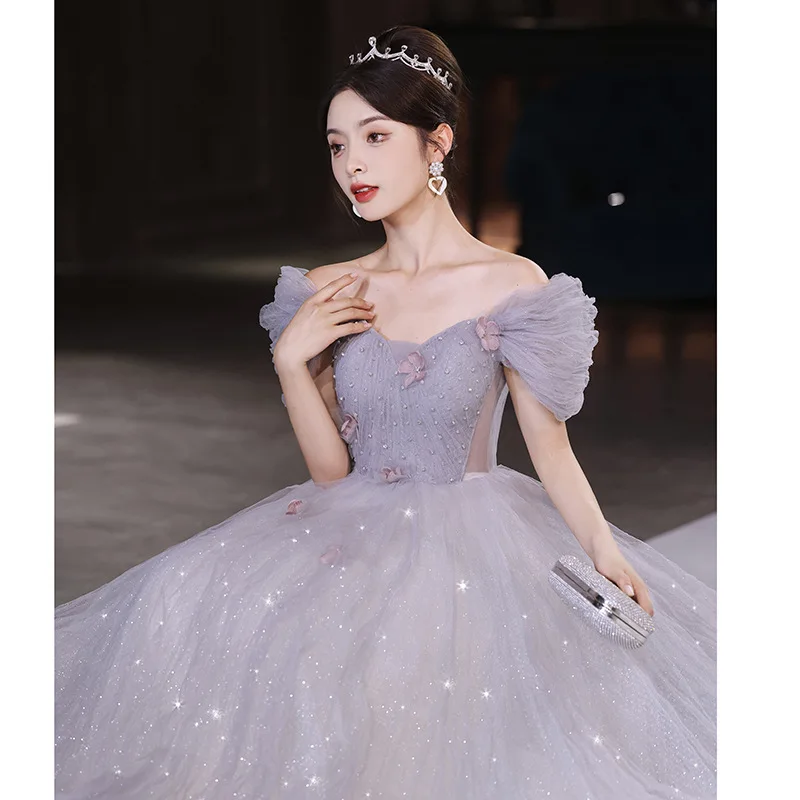 Off Shoulder Banquet Evening Dress Women V-Neck Appliques Sequin Sweet Graduation Dresses Exquisite Elegant Quinceanera Gown