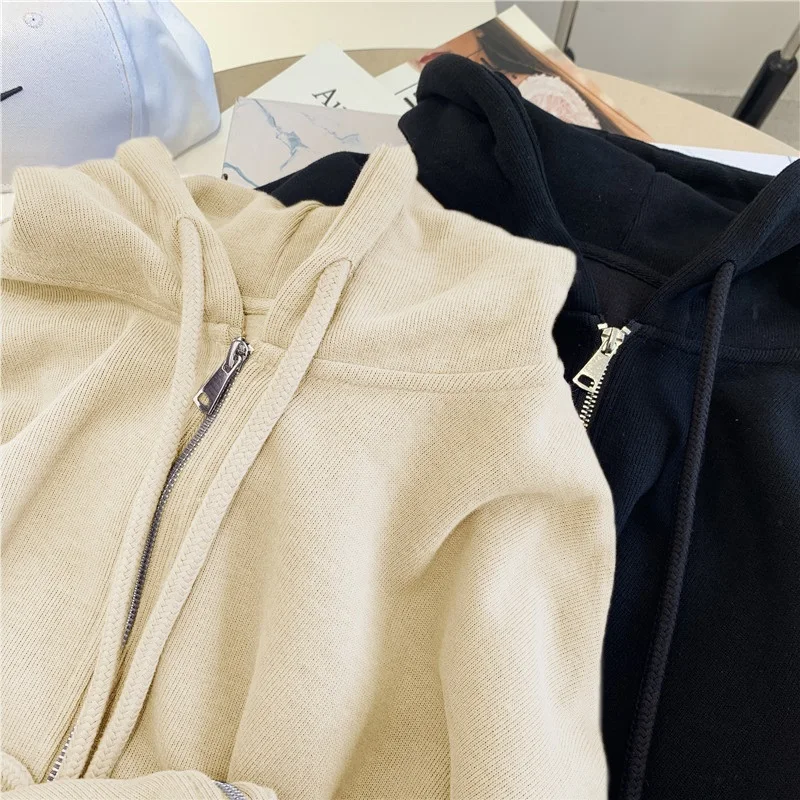 2025 New Hooded Grey Cardigan Hoodie Women's Autumn Winter Loose Lazy Style Zipper Design Solid Color Thin Coat Long Sleeve