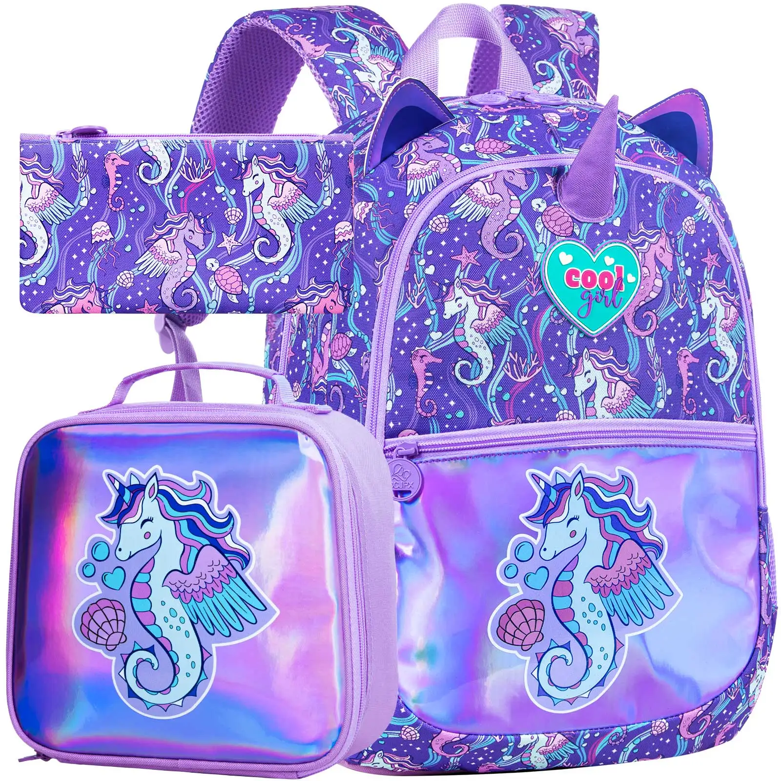女の子用バックパック3個セット、165インチのタツノオトシゴバックパックセット、小学校、幼稚園、子供用スクールブックバッグ、ランチボックス付き（子供用）