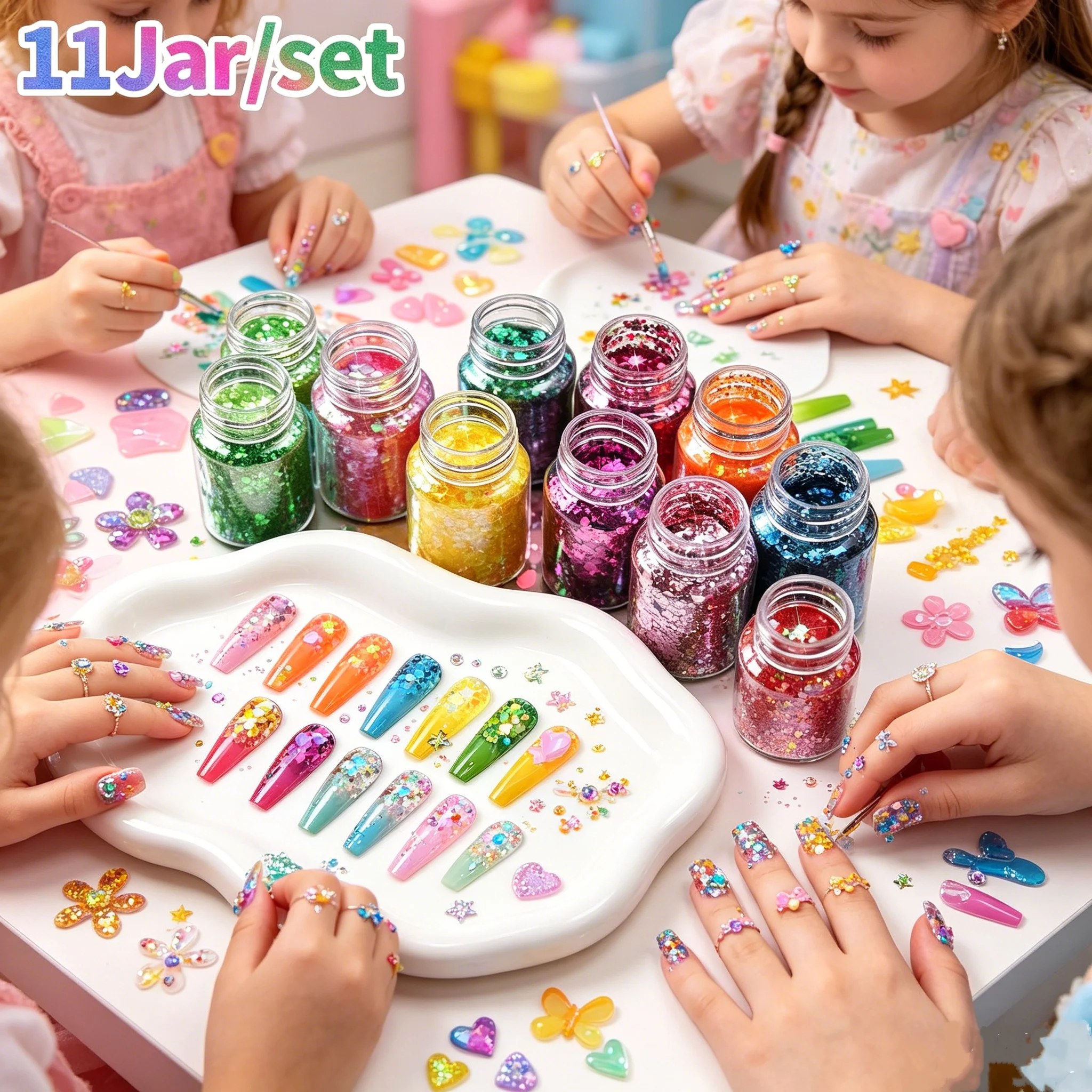 11Jar/Set Iridescent Chunky Glitter Nail Flakes Multicolor Holographic Nail Powder Shimmer Hexagon Sequins Nail Salon Manicure *