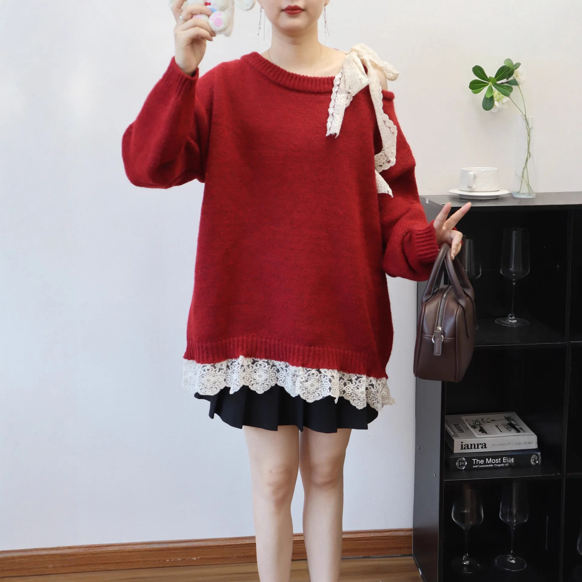 Sweater Long Sleeve Knit Irregular Pullovers Vintage Loose Round Neck Bow Thick Jumpers Elegant Off Shoulder Autumn Winter