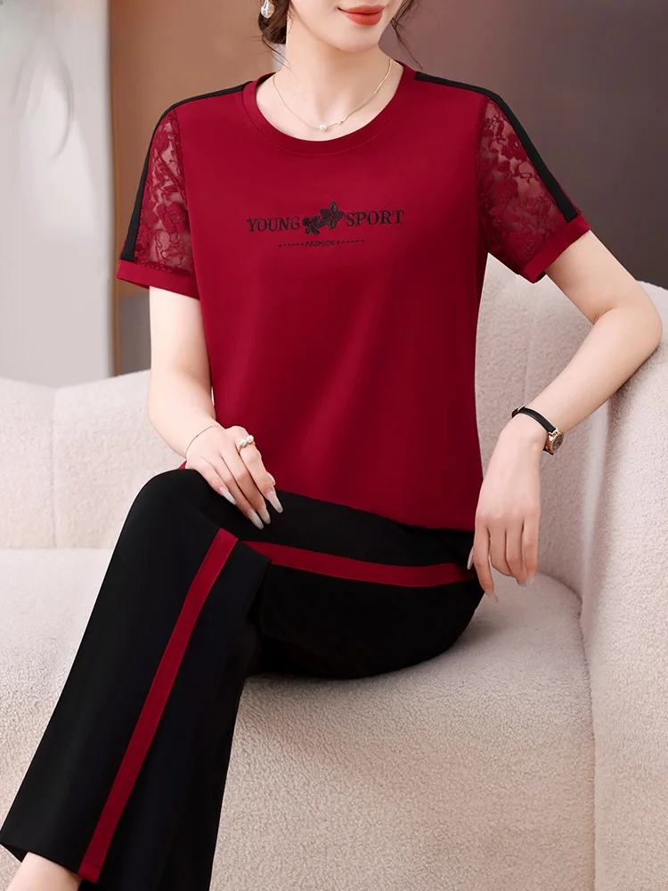 

Casual Sportswear Set for Women 2026 New Style Mid-aged And Elderly Summer Short-sleeved T-shirt Fashionable Loose Top