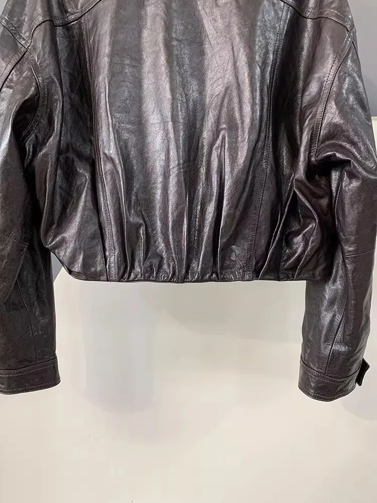 Autunno retrò vera pelle di pecora donna giacca in pelle cerata olio colletto alla coreana giacche da moto corte in vera pelle cerniere soprabito