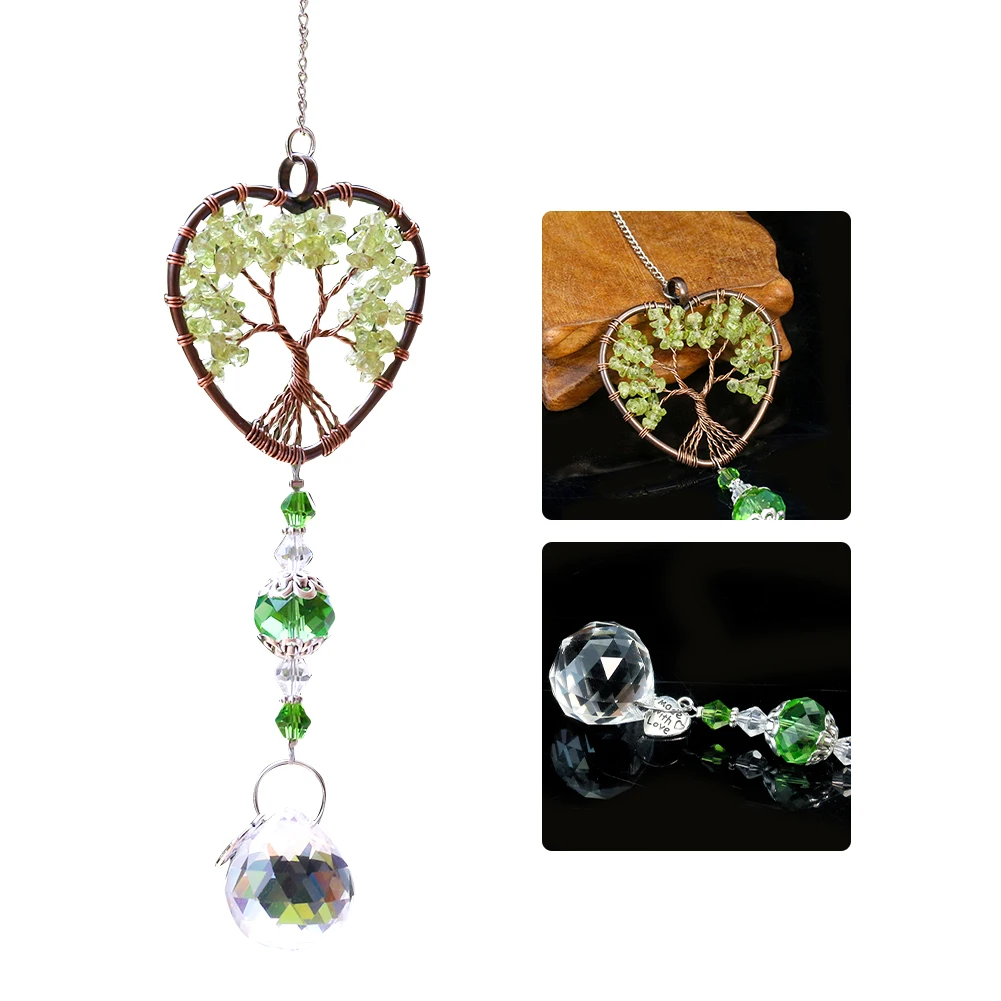 Muy Bien Natural Green Dongling Gravel Tree of Life Crystal Pendant Quartz Gemstone Reiki Energy Car Hanging Ornament Home Decor