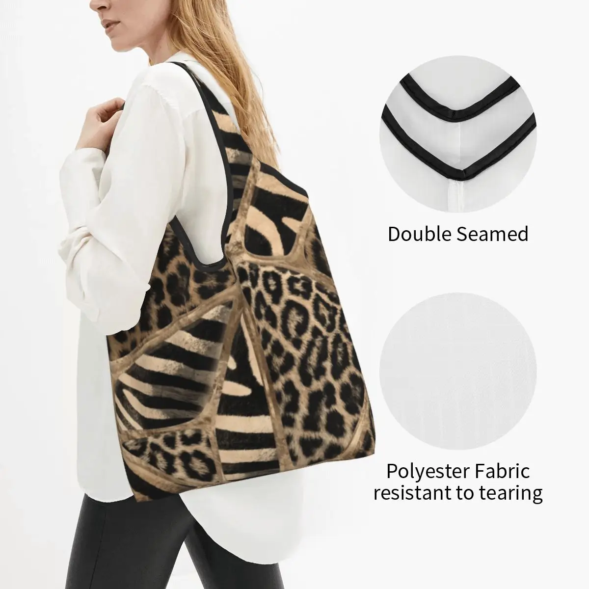 Custom Fashion Animal Print Shopping Tote Bag Portable Leopard And Zebra Pastel Gold Groceries Shoulder Shopper Bag