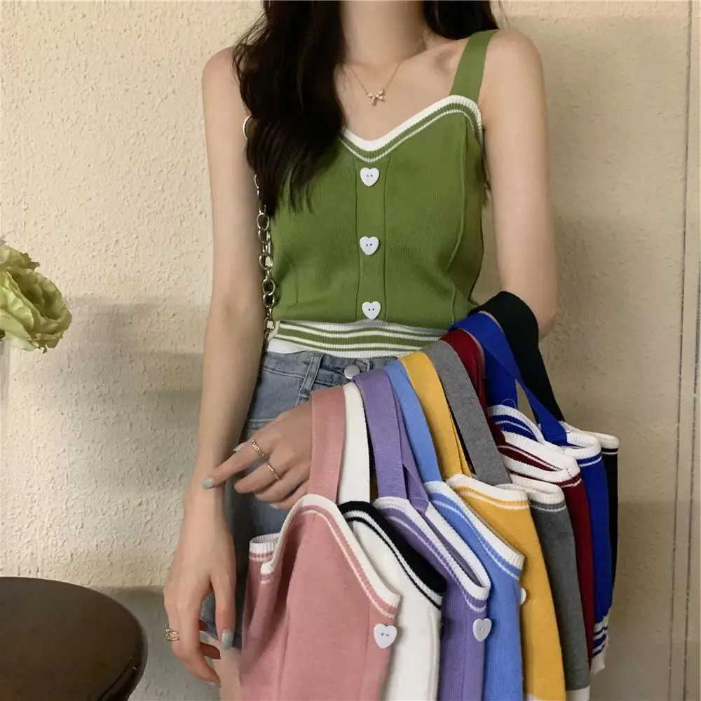 

2024 Women Cute Tops With Buttons Knitted Crop Tops Ladies Camis For Summer Y2K Tops Knit Patchwork Top Women