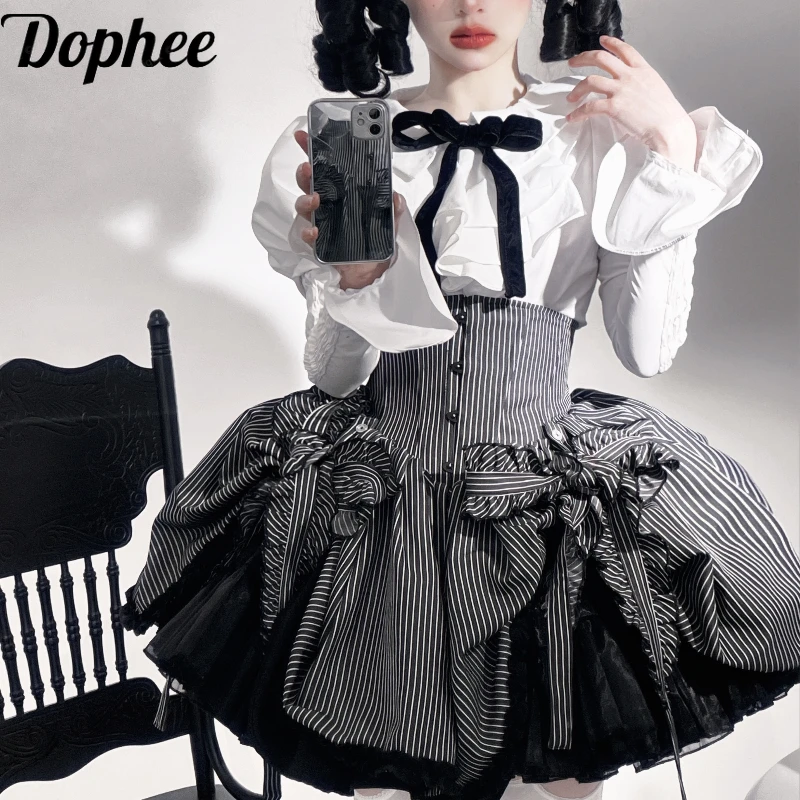 

Dophee Original Gothic Lolita Sets Elegant Ruffles Patchwork Long Sleeve Shirt Tops High Waist Sweet Girls Stripes Cake Skirt SK