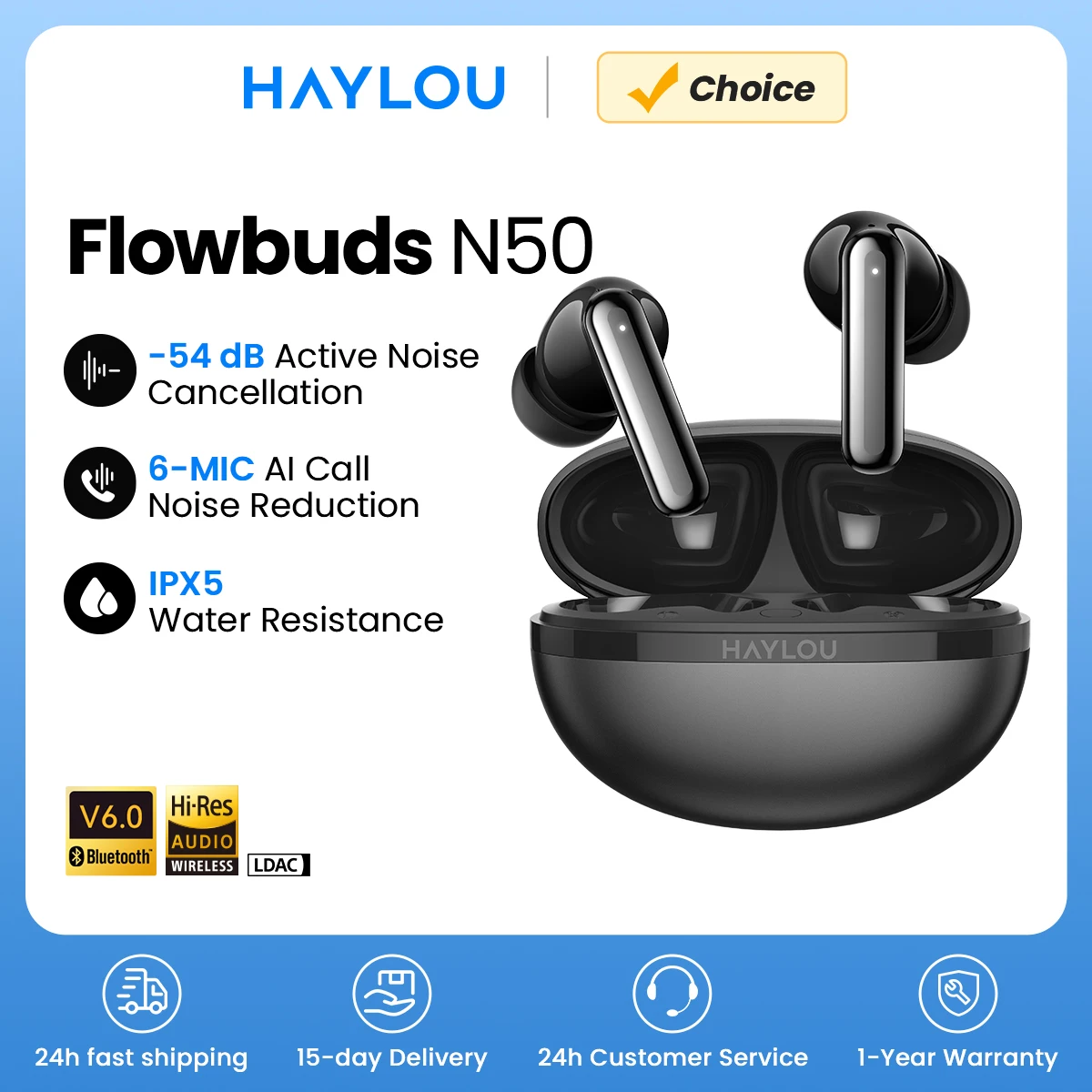 Fones de Ouvido Sem Fio HAYLOU Flowbuds N50 ANC Bluetooth 6.0 com Cancelamento Ativo de Ruído, 6 Microfones, Chamadas Claras com IA e 32 Horas de Reprodução