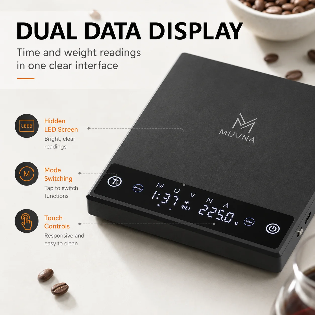 MUVNA Coffee Scale Espresso Scale Digital Coffee Scale Precision Timer Pour Over Scale Rechargeable Kitchen Scale Metal Body