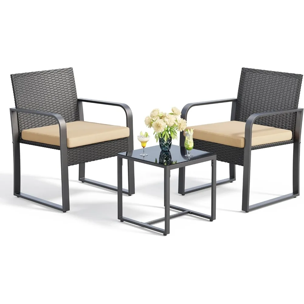 

3 Pieces Patio Bistro Sets, Outdoor Rattan Conversation with Glass Table, Wicker Furniture Set with Cushion, for Backyard, Porc