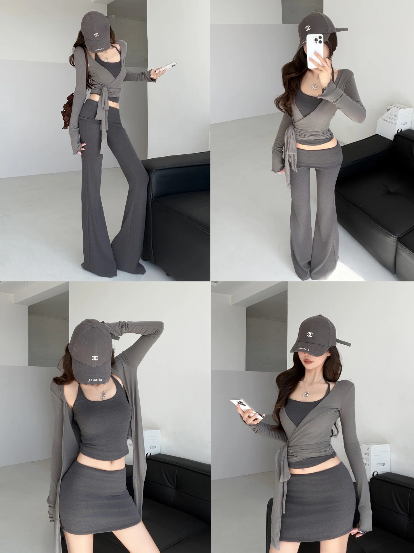 ruthesthetic-ホワイト-レディース-ルーズ-バレエタイ-長袖-オープン-カーディガン-セット-ショート-スカート-ベスト-フレア-パンツ-4-点セット