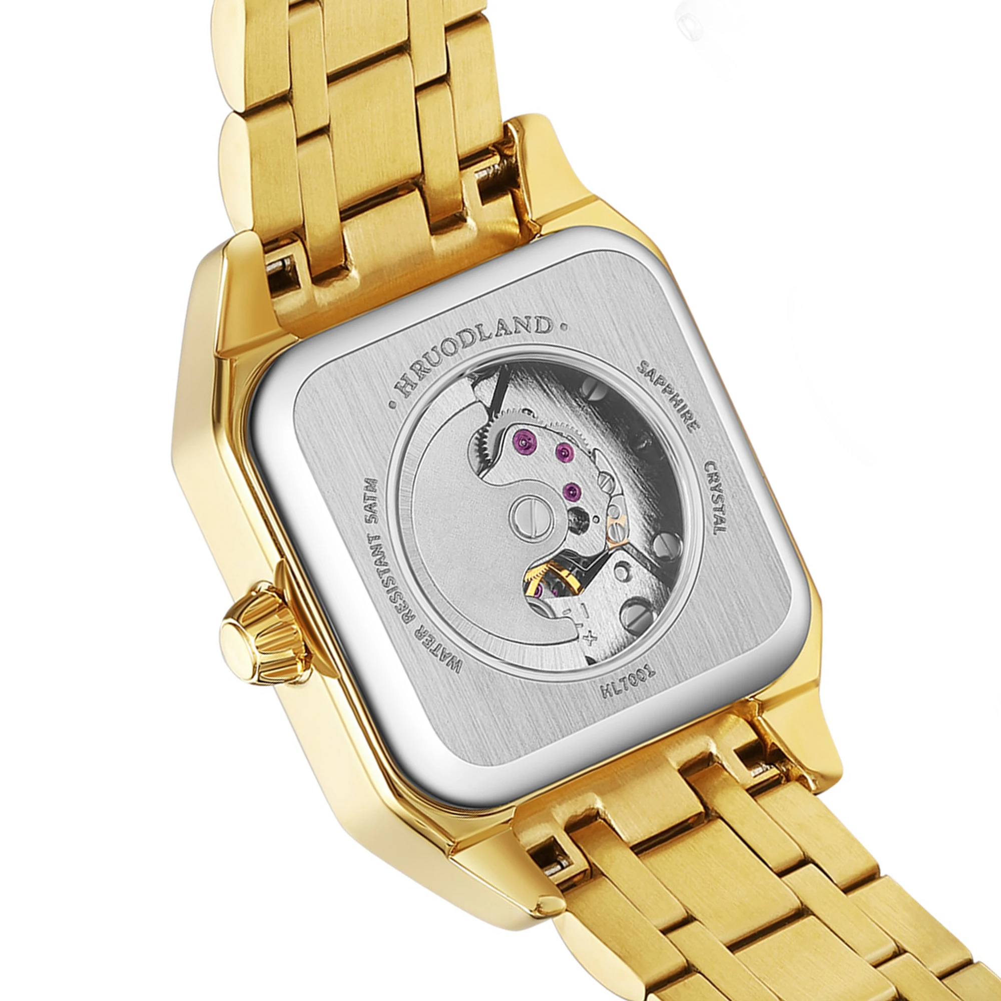 HRUODLAND Luxury Gold Small Square Ladies Watch 26mm Automatic Mechanical Roman Numeral Sapphire Crystal Stainless Steel Gift