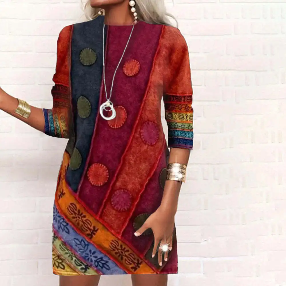 Fashion O-neck Long Sleeve Mini Dress Women 2024 Fall Casual Print Slim Office Ladies Dresses For Women Robe Femme