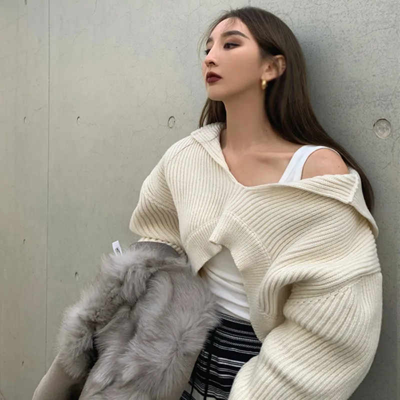 Women Elegant Lazy Knitted Sweater Oaf Coarse Yarn Striped Cashmere Pullovers Coat V-neck Long Sleeve Female Jumpers