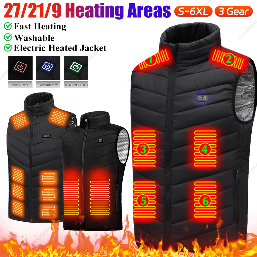 9-27 Areas Heating Vest Men Women Electric Heated Jacket Winter Heated Clothing Thermal Hunting Climbing Vest Camping Waistcoat