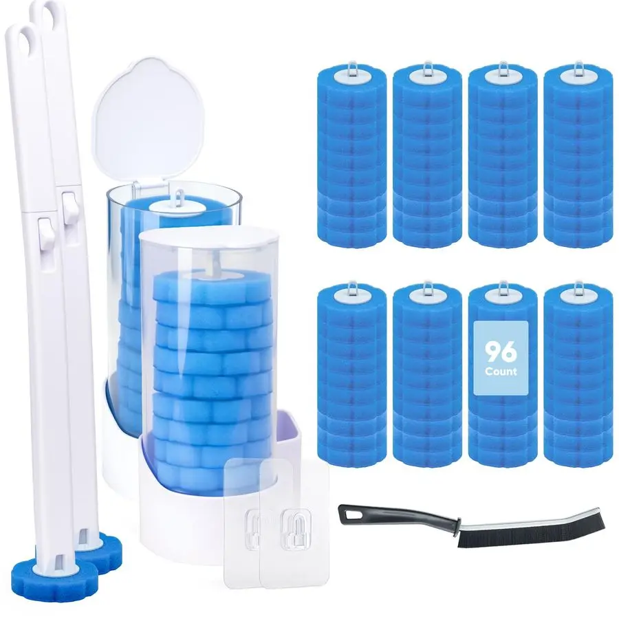 

Pack Disposable Toilet Brush and Holder Set, Wall Mounted Toilte Wand Kit, Disposable Bowl Ceaner Wand and Caddy with 96 Refills