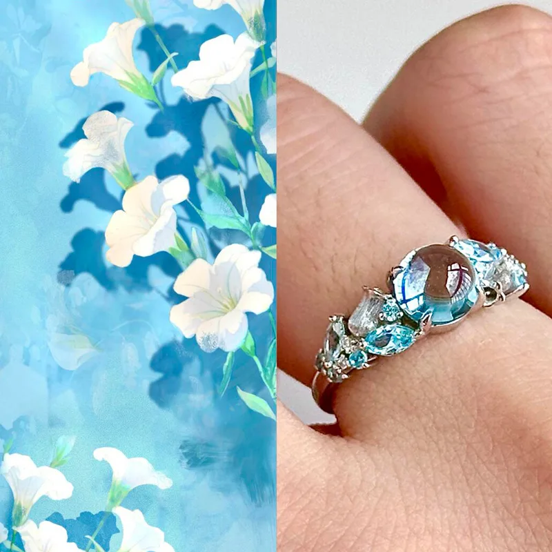 Fresh sea blue crystal rings for women palace style Ice transparent glass texture high-end ring adjustable party jewelry gift