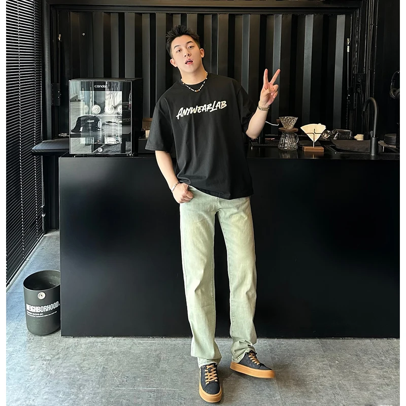 

Slim Fit Straight Leg Jeans Men's Summer Thin American Retro Vibe Elastic Denim Pants Youthful Trendy Long Trousers