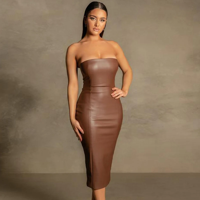 Solid Color PU Leather Fashionable Temperament Slim Fit Strapless Split Open Explosive Sexy Mid Length Skirt