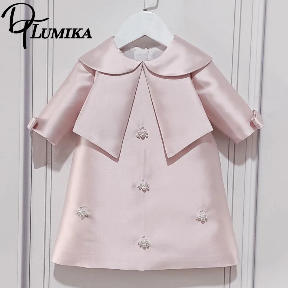 Cute Baby Girl 1-12Y Pink Satin Princess Dress with Pearl Embellishments - Elegant Baptism, Birthday Party & Special Occasion