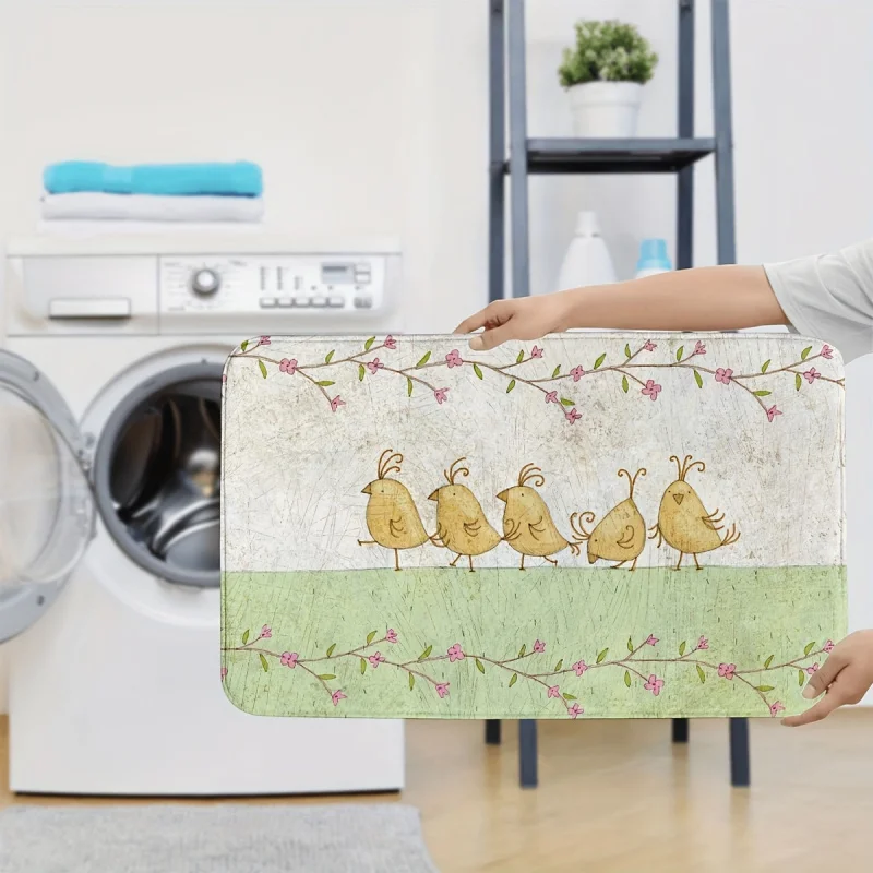 3Pcs/Set Funny Yellow Birds Print Rugs And , Anti-slip , Soft Machine Washable Bath Mats For Bathroom,