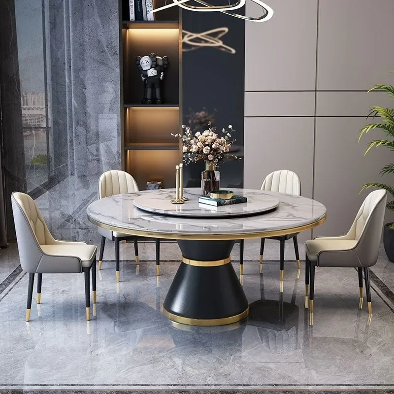 Light luxury marble dining table and chair combination, hotel round table,modern simple rock slab small apartment with turntable