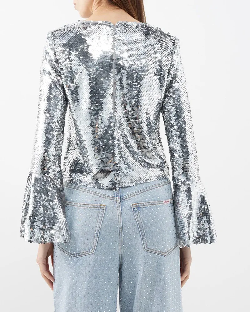 

Street Sle round Ne Long Sve ort T-irt Bell Sve iny Sequins Personalized T-irt Polyester Spring 2024