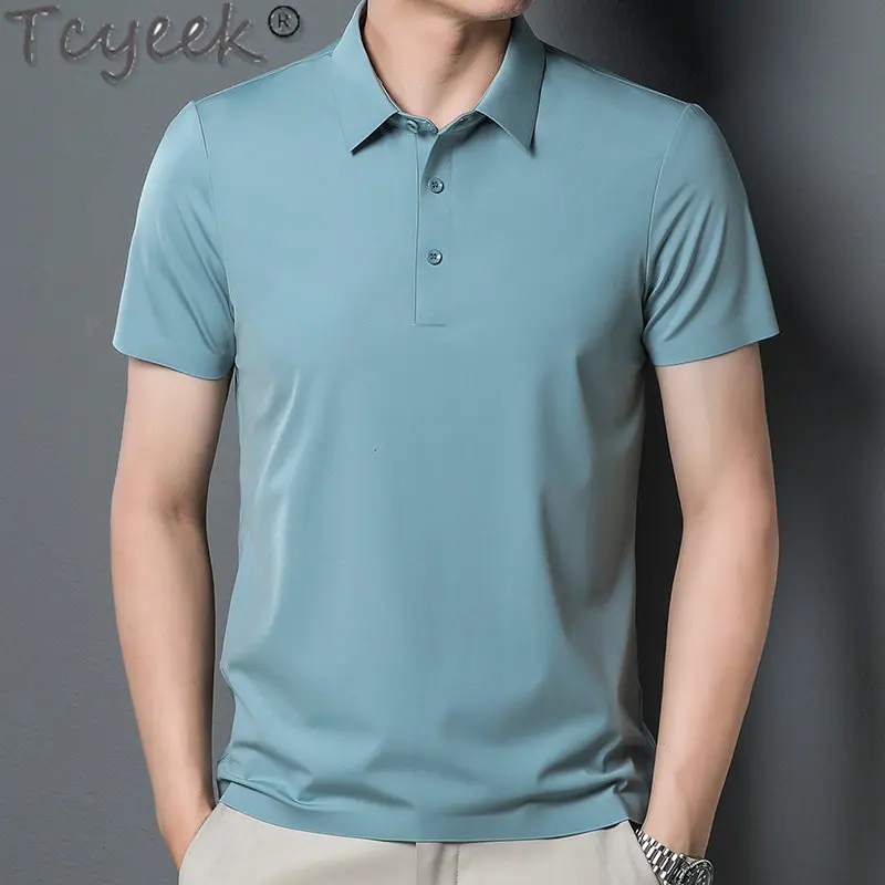 Tcyeek Slim 100% jedwab koszula męskie koszulki Polo koszule z krótkimi rękawami męskie koszulki biznesowe Casual męskie Polos Para Hombre