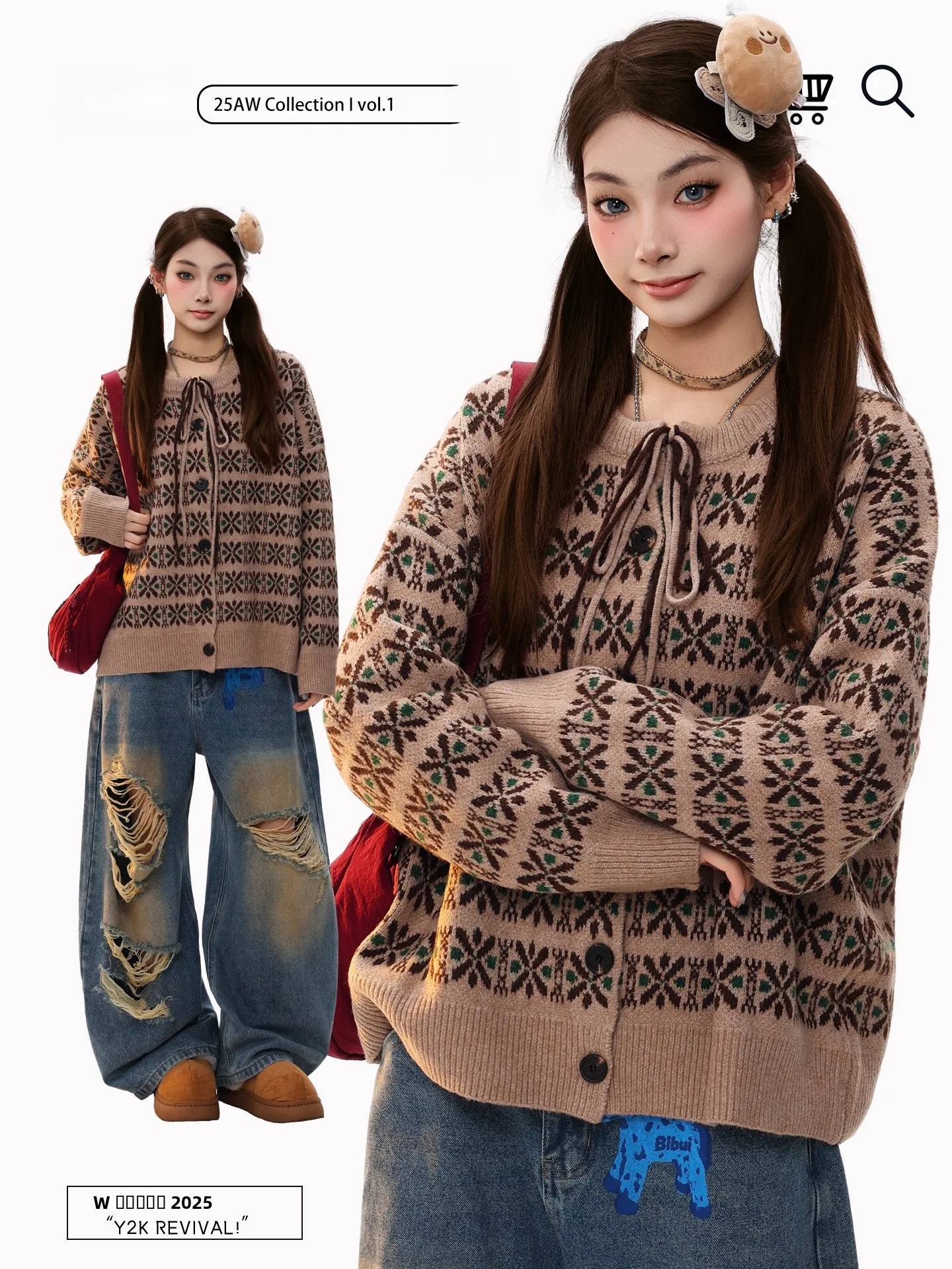 

PBB American Retro Knitted Cardigan Women's Belted Lazy Sle Warmth Anti-Aging Sweater Coat Fluffy Snowflake Pattern Winter ...