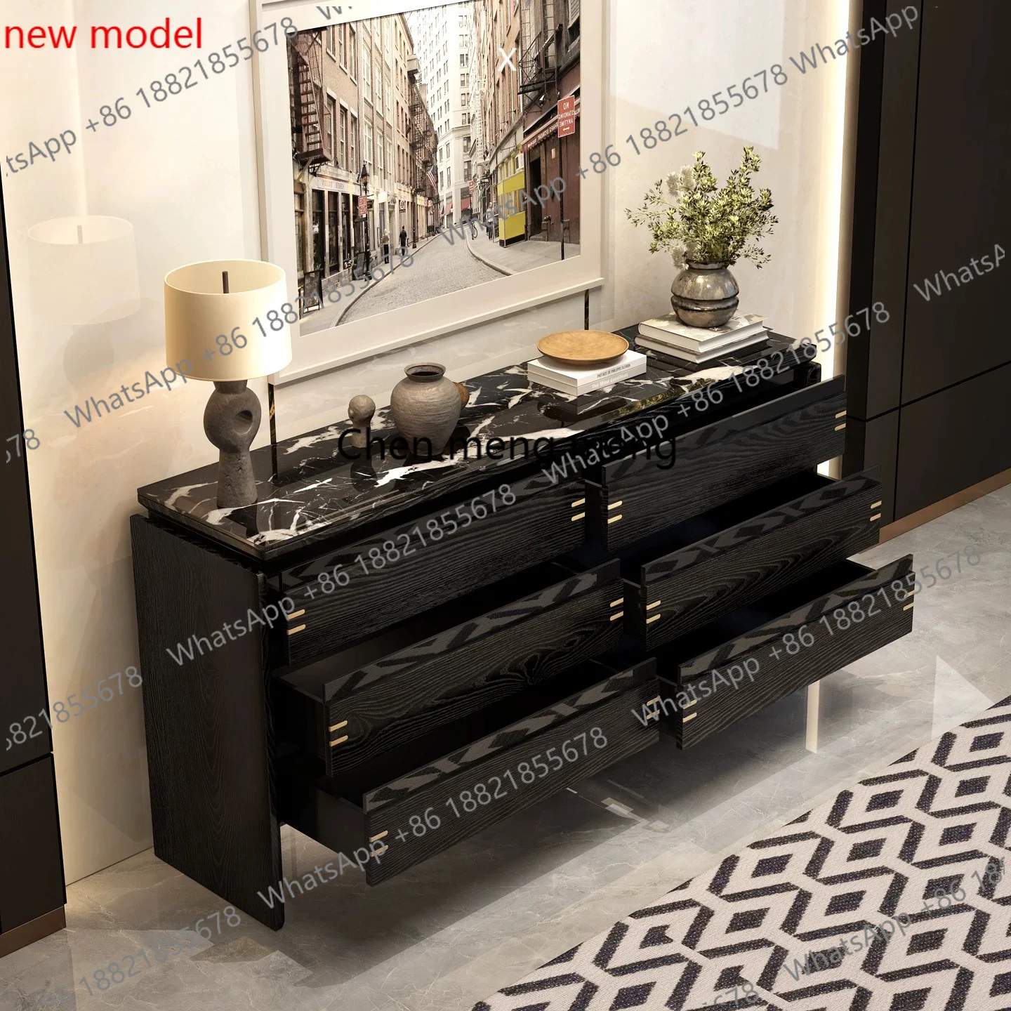 N138French retro style solid wood porch chest villa living room Italian marble locker
