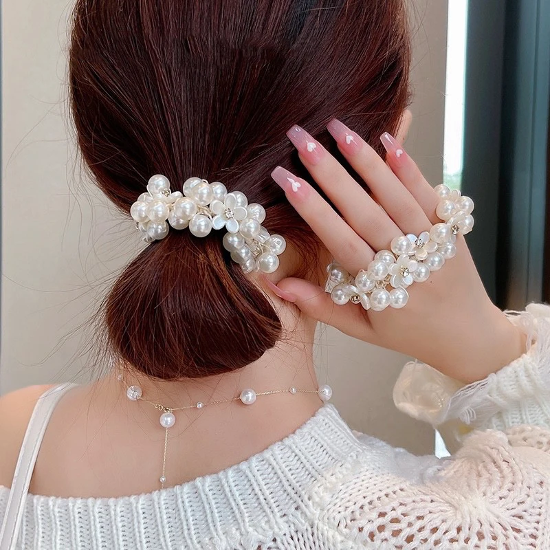 

Elegant Pearls Beaded Head Rope Korea Fashion Women Girls Flower Hair Scrunchies