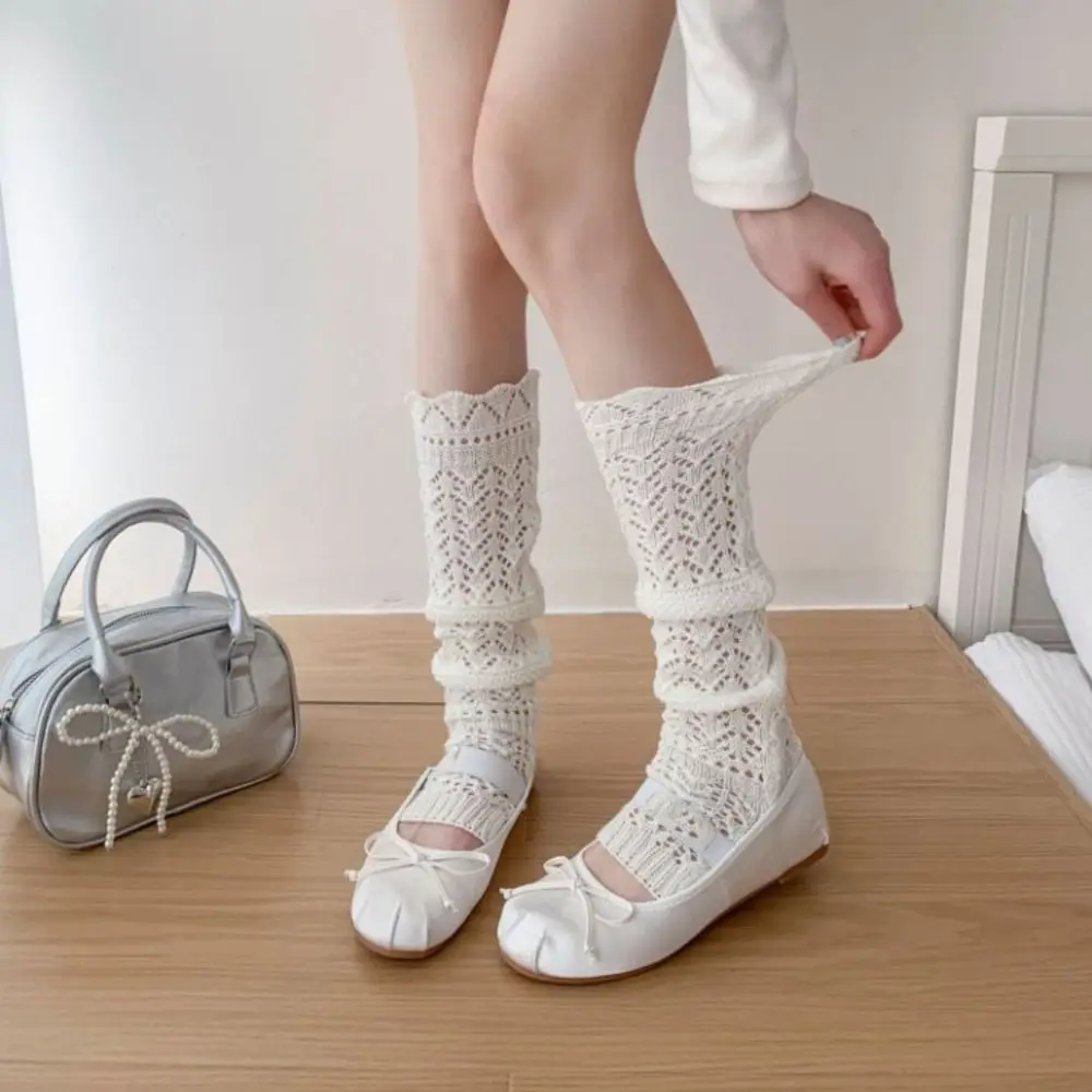 

Simple Y2k JK Calf Long Socks Leg Warmers Lolita Knit Knee High Socks Sweet Hollow Out Balletcore Stockings Women