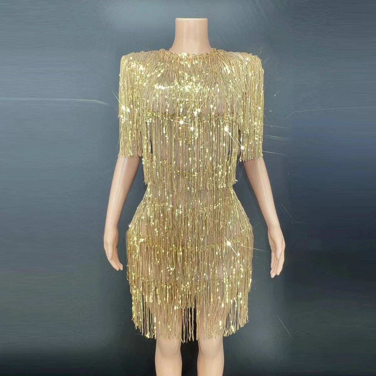 

Women Party Nightclub Birthday Party Dress Performance Show Stage Wear Sexy Shining Gold Fringe Dress Latin Dance Tassel Dress