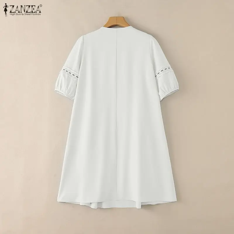 ZANZEA Women's Openwork Lace Paneled Tiered Dress Lace-Up O-Neck Puff Sleeve Knee-Length Dress Summer Bohemian Casual Robe Femme