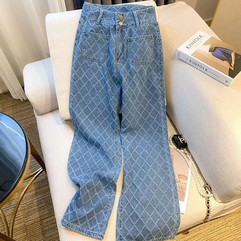 Women's Large Size High Waist Jean Trendy Brand 2026 New Style Elegant Plaid Long Pants Youth Fashion Summer Thin Pants