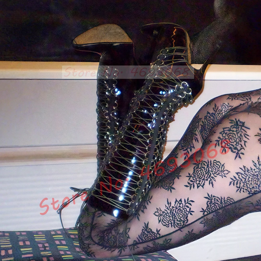 Vintage Red Cross Tied Corset Boots Women Sexy Pointy Toe Puttee Stiletto High Heel Ladies Halloween Side Zipper Slim Tall Boots