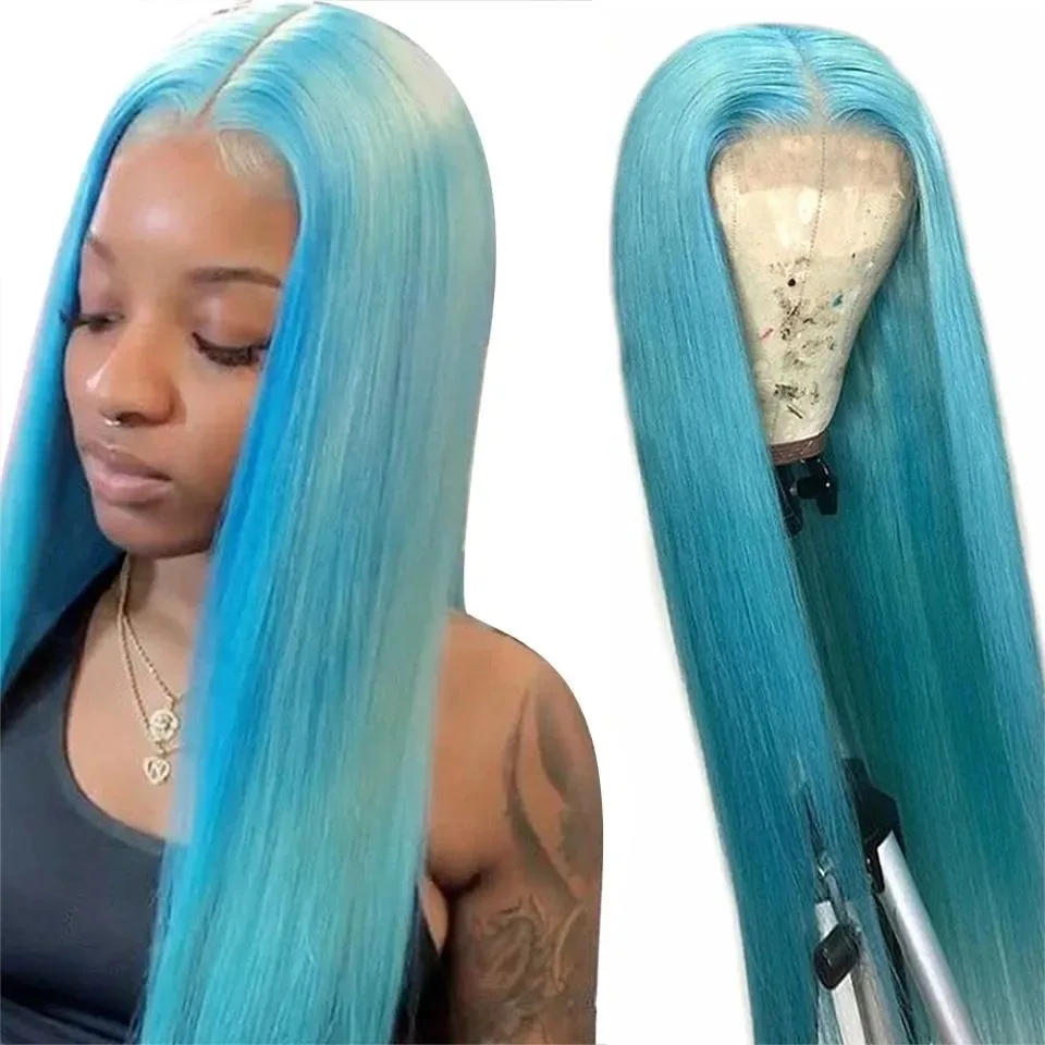 Light Blue 13x4 Transparent Lace Front Wig 180% Density Bone Straight lace Front Wig Preplucked Glueless Lace Wigs Party