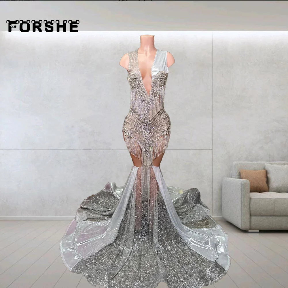 Customized Silver Prom Dress For Women 2025 Sequin Rhinestone Mermaid Party Dresses Black Girls Robe Soireé Femme