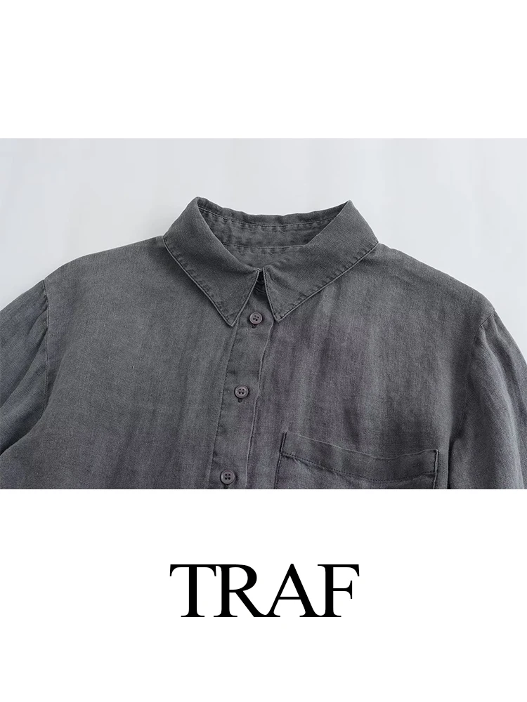 TRAFZA-Fato solto de botão chique feminino com decote em v, camisa monocromática, bolso de cintura alta, jeans longo casual, vintage aconchegante,