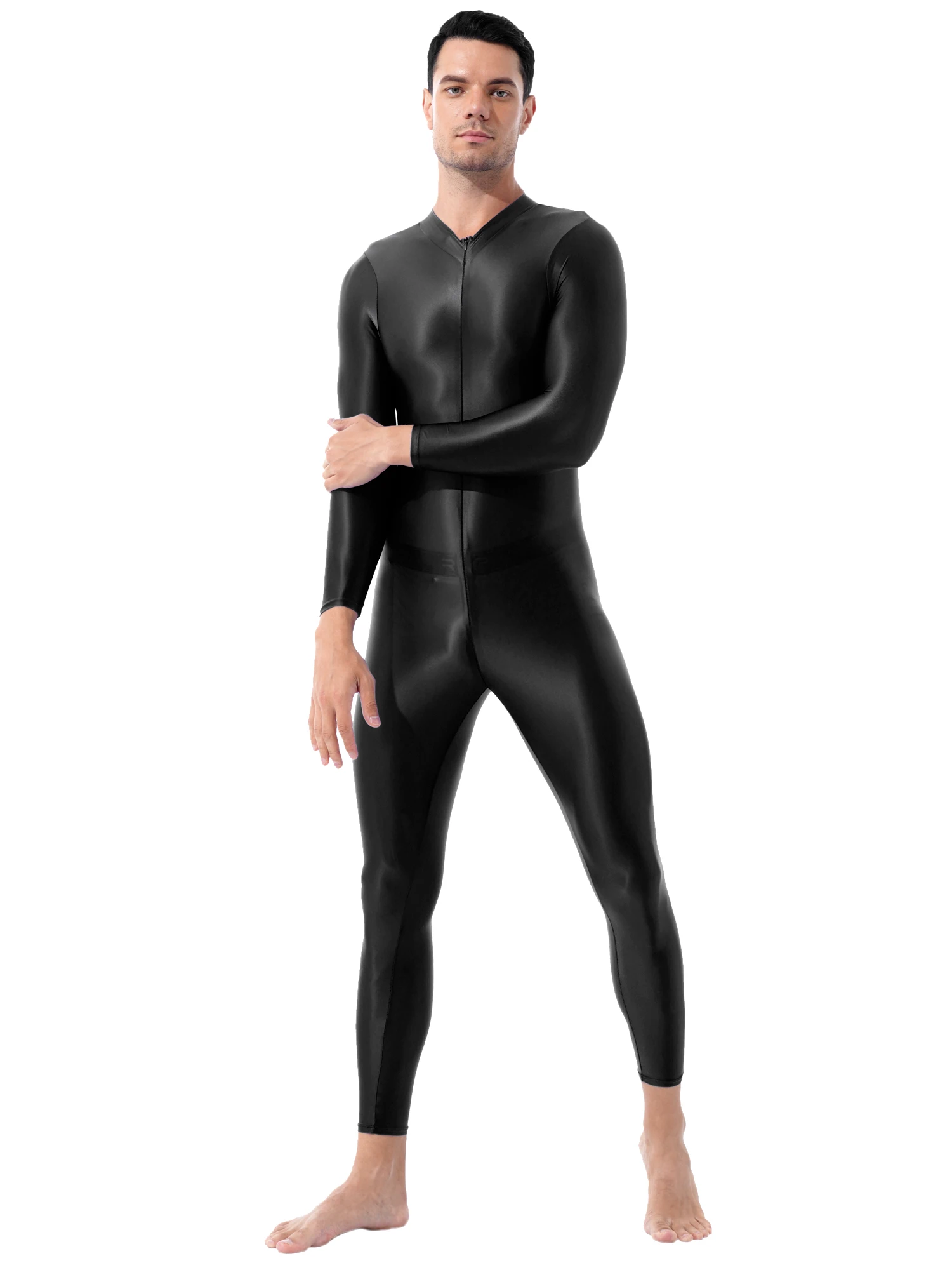 Yoga Fitness Jumpsuit Mens Glossyt Bodybuilding Exercise Costume Long Sleeves Double-ended Zipper Bodysuit for Gym Sport Fitness