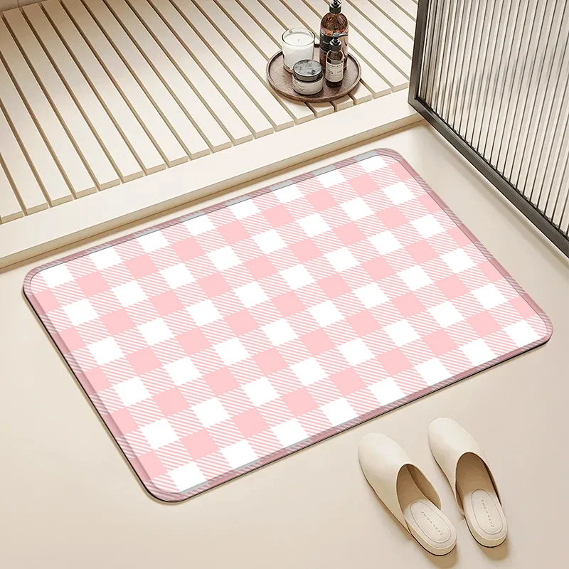 

Pink White Checkerboard Door Mat Non-Slip Absorbent Floor Rug for Home Bathroom Kitchen Decor